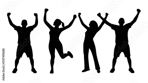Silhouette Celebration: Silhouette figures with arms raised in a gesture of unbridled joy. Depicting unity, triumph, and the essence of achievement.