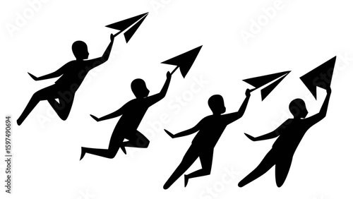 Soaring Visions: Silhouetted figures launch paper airplanes against a minimalistic backdrop, embodying aspiration and the thrill of pursuing dreams.