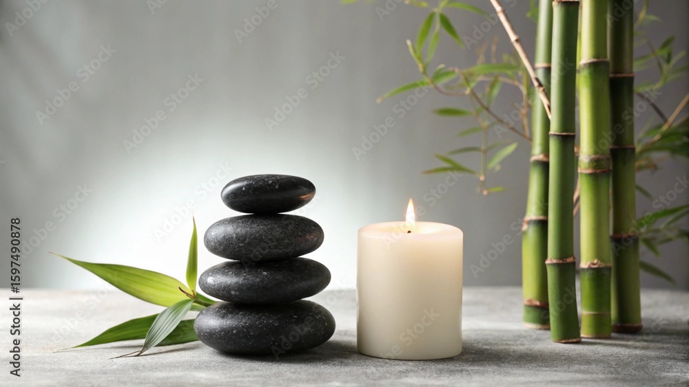 Obraz premium Zen Still Life: Stone, Candle, and Bamboo
