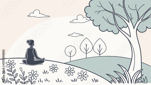 Serenity in Nature's Embrace: A figure finds tranquility, practicing meditation, surrounded by gentle blooms and under the shade of trees, embodying peace and contemplation.