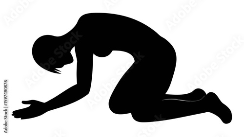Silhouette in Submission: This striking silhouette captures the serene essence of surrender, embodying a pose of quiet contemplation and humble submission, set against a stark and simple backdrop.