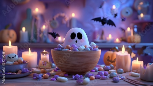 A big-eyed ghost popping out of a candy bowl