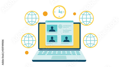 Laptop displaying a video conference with globes and a clock floating around the screen design