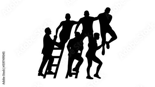 Silhouette Climb to Success: A team of individuals collaboratively ascends a ladder, symbolizing support and teamwork to achieve a shared goal, with high contrast