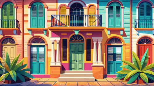 A colorful 18th-century townhouse in Old Havana, Cuba, with tall wooden shutters, arched doorways, and decorative tile floors. The pastel façade shows Caribbean vibrance and decay