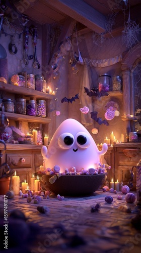 A big-eyed ghost popping out of a candy bowl