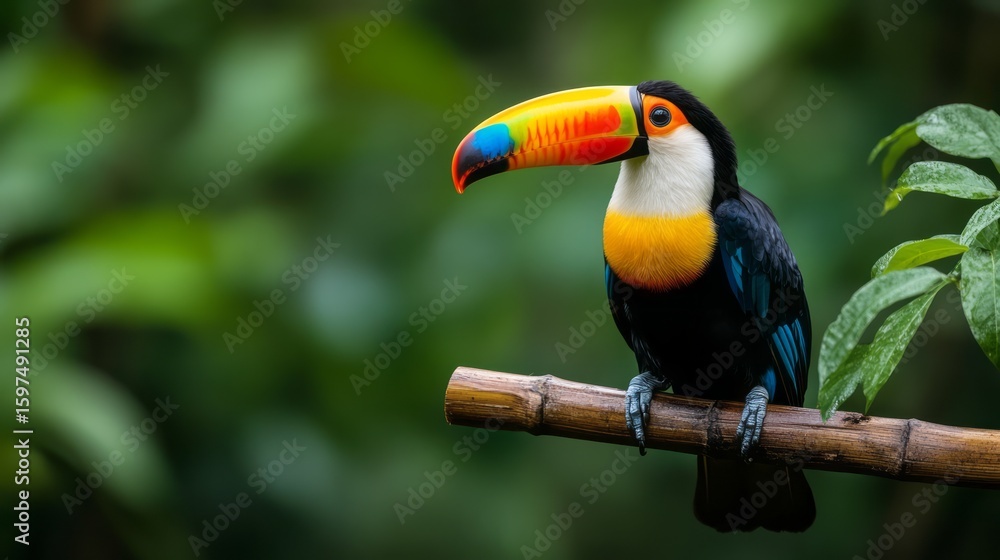 Naklejka premium Vibrant Toucan Sitting on a Branch in Lush Tropical Jungle Surrounded by Greenery