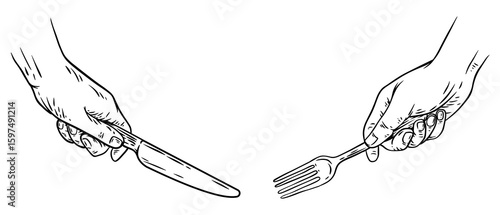 Hand draw fork and knife in human hand. Monochrome design element for kitchen, food equipment. Vintage vector illustration.