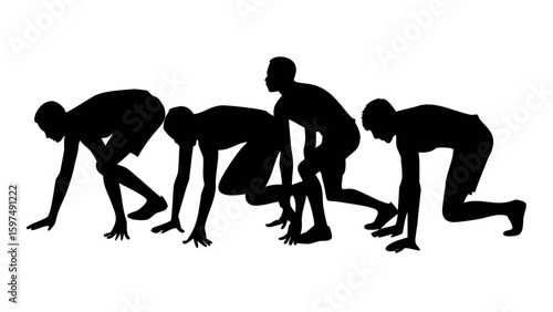 Starting Line Silhouette: A dynamic sequence of athletic figures poised at the starting line, captured in striking silhouette, embodying speed, strength, and the pursuit of athletic excellence.