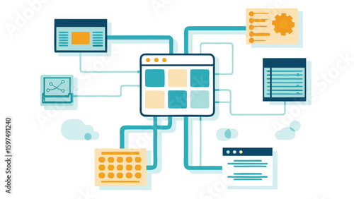 Illustration of a central dashboard connected to various other web applications and services