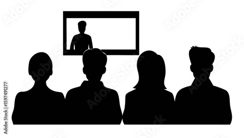 Online Meeting: Silhouette figures in a modern office setting, gathered to participate in a virtual video conference meeting, collaboration