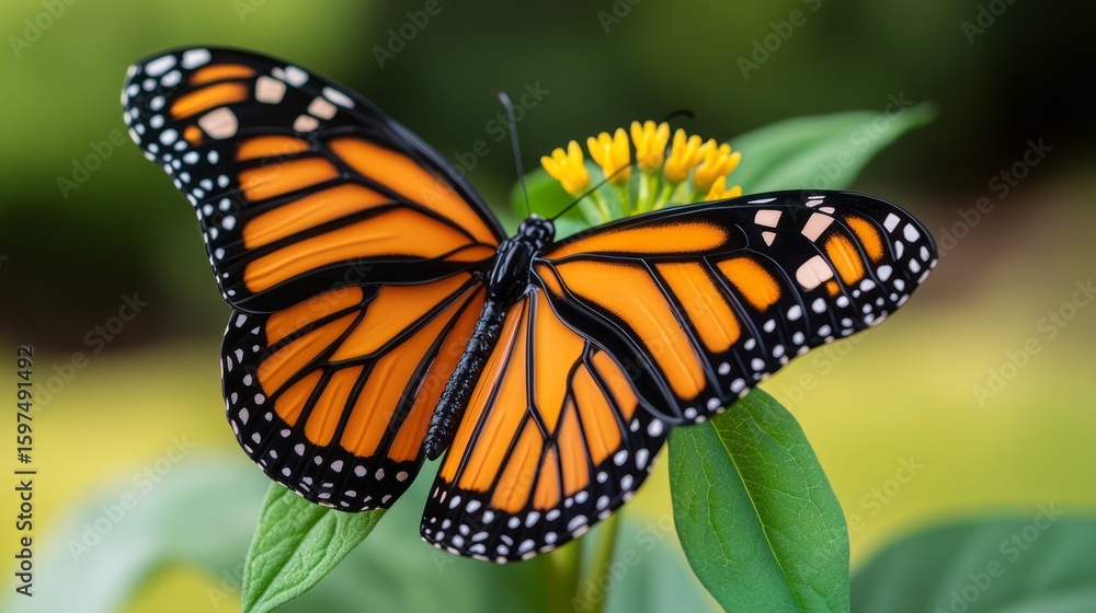 Fototapeta premium Vibrant Monarch Butterfly Resting Gracefully on Yellow Flower in Nature's Garden