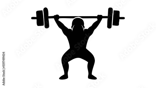 Powerlifting silhouette: An evocative silhouette captures a muscular individual mid-squat, hoisting a heavy barbell overhead with strength, determination and dedication.