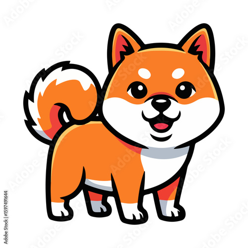 Shiba inu vector, colored cartoon with line art and white background. AI generated image.