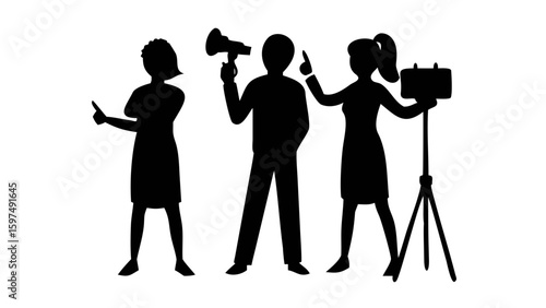 Team Communication: A silhouette of diverse team members actively engaged in communication and collaboration, one person using a megaphone, other uses a selfie stick with phone.