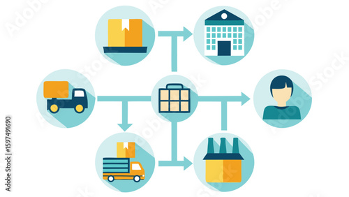 Illustration showing a supply chain network with trucks boxes buildings and a person connected by arrows