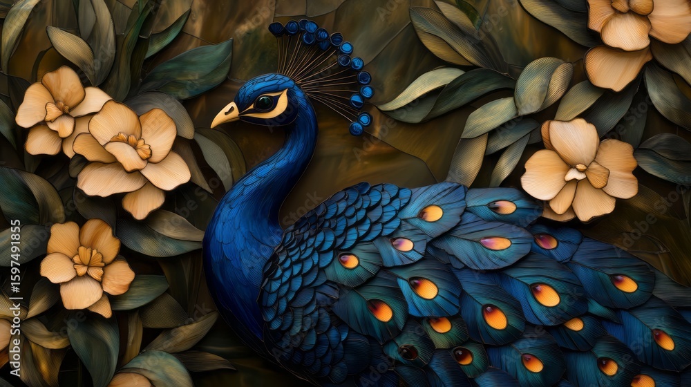 Fototapeta premium Vibrant Peacock Amidst Lush Floral Background in Artistic Design with Bold Colors