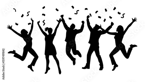 Dynamic Silhouettes of Celebration: A dynamic depiction of celebration unfolds as silhouettes of joyful individuals leap into the air, surrounded by confetti, illustrating joyous moments and elation.