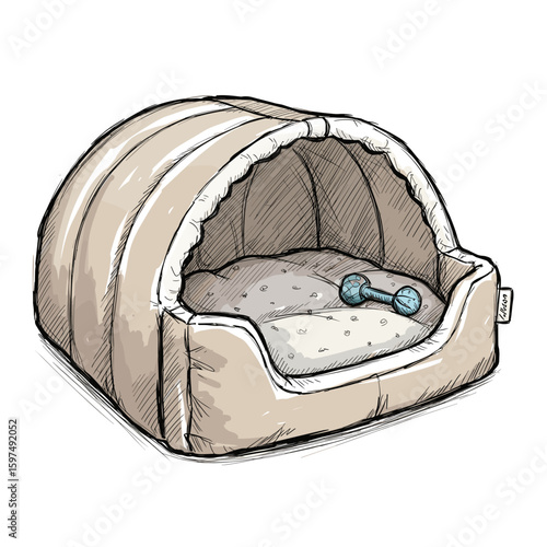 Cozy pet bed with a soft interior and a small dumbbell toy  