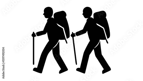 Embarking on Adventure: A silhouette of two backpackers trekking along a path, their journey of exploration and discovery captured in minimalist detail, suggesting a sense of solitude and challenge.
