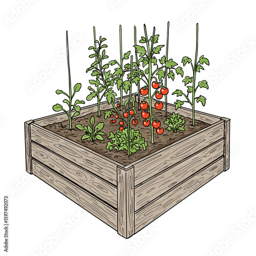 Vegetable garden with tomatoes and herbs in wooden planter box  