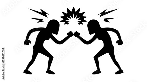 Conflict's Embrace: Two silhouettes, locked in a dynamic representation of confrontation, as an electrical visual echo underscores the tense interaction