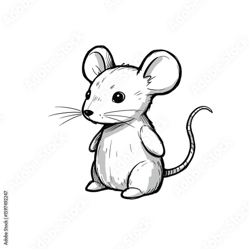 Cute cartoon mouse illustration in black and white style  