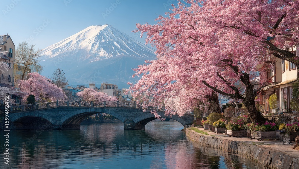 Naklejka premium Cherry blossoms, Mt. Fuji, and a canal