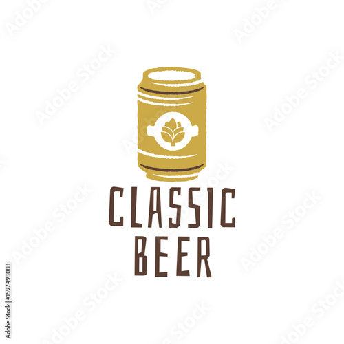Classic Beer logo with hops can illustration. Perfect for craft beer branding, brewery packaging, pubs, and beverage labels. Suitable for alcohol-related design. Vector illustration.