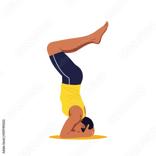 Person performing a yoga headstand pose, balancing on their head and forearms with legs extended upwards.