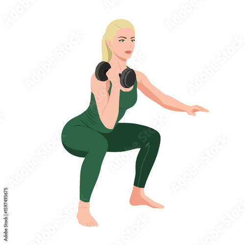 An illustration of a blonde woman in green activewear performing a dumbbell squat exercise.