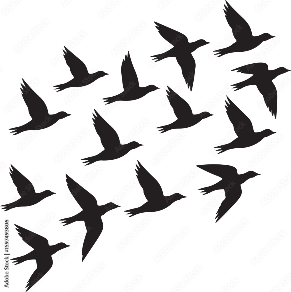 Fototapeta premium Flock of birds flying in formation, symbolizing freedom and migration in the sky, silhouette