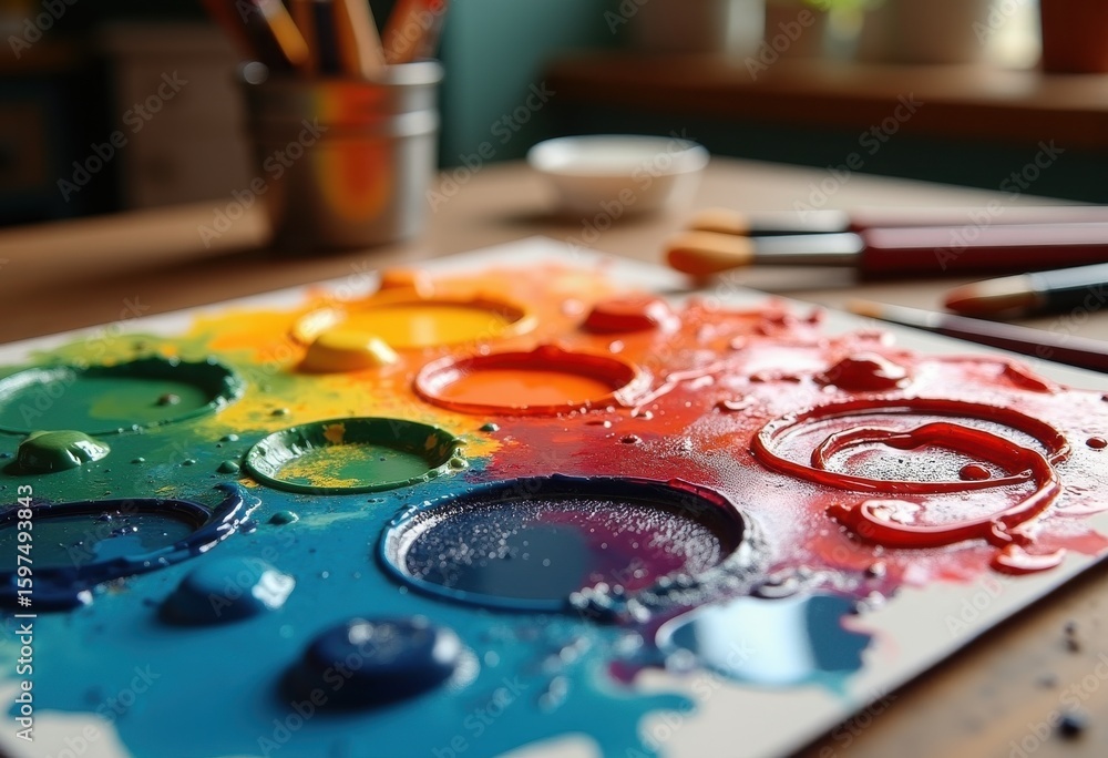 Fototapeta premium close colorful paint palette blending shades artist studio vivid hue creation artistic texture mix, oil, acrylic, brush, medium, watercolor, drawing, abstract