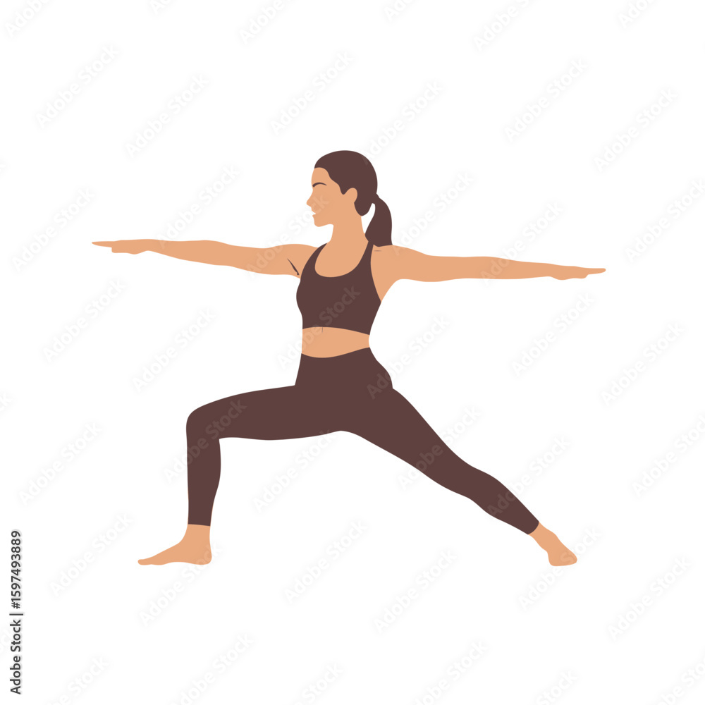 Fototapeta premium A woman in sportswear performing a yoga pose, warrior two, with arms extended and legs in a lunge position.