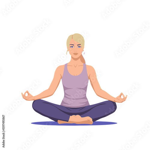 A woman with blonde hair is sitting in a lotus position, meditating with her hands in Gyan Mudra.