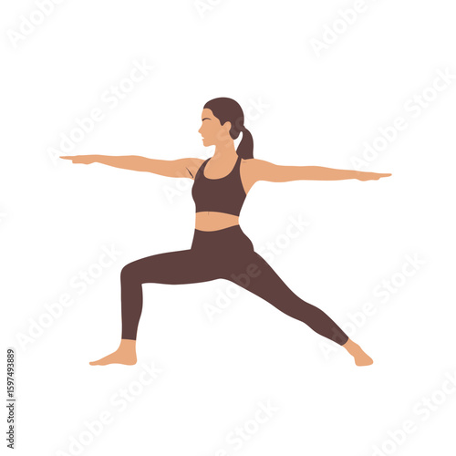 A woman in sportswear performing a yoga pose, warrior two, with arms extended and legs in a lunge position.