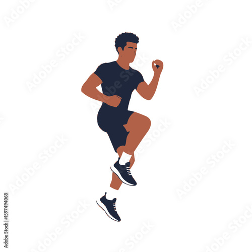 A dark-skinned man performs a high-knee exercise, showcasing fitness and athleticism.