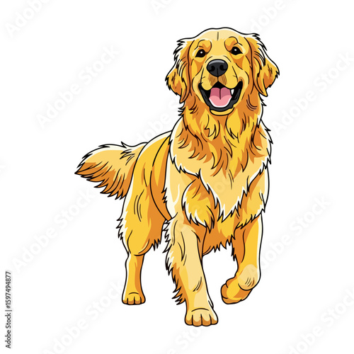 Golden retriever cartoon, colored cartoon with line art and white background. AI generated image.
