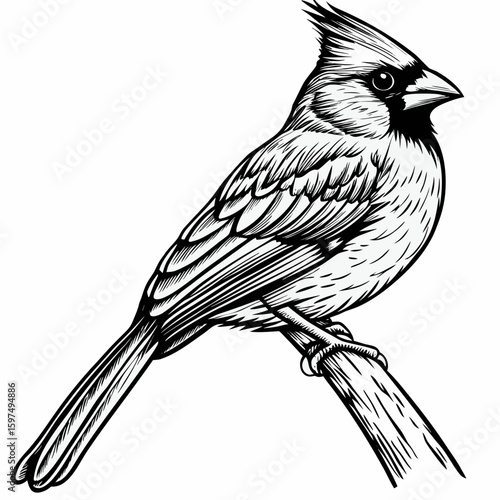 Detailed Cardinal Bird Perched - Black and White Line Art Illustration