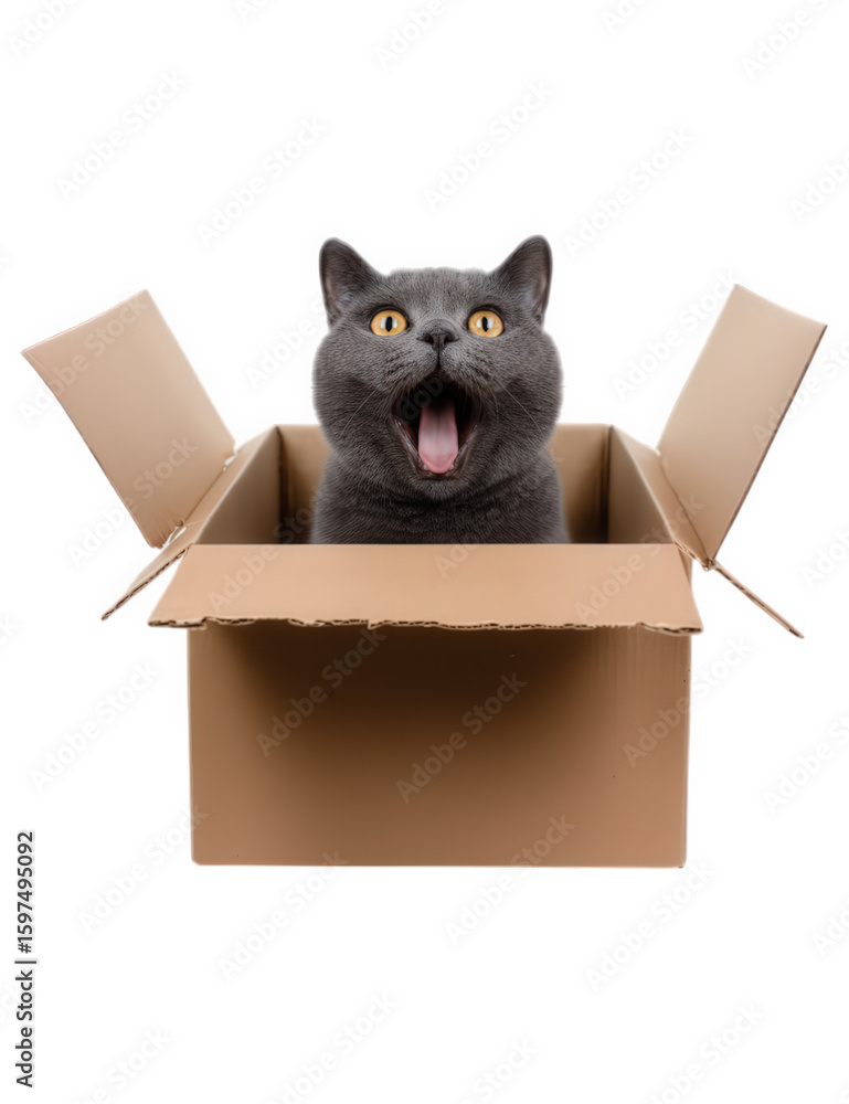Fototapeta premium Happy black cat with yellow eyes sitting in open cardboard box, isolated on transparency background, playful and surprised expression, pet animal concept