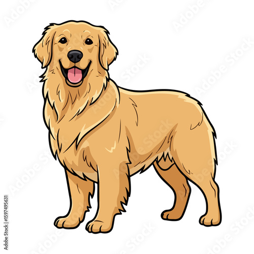 Golden retriever cartoon, colored cartoon with line art and white background. AI generated image.