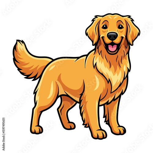 Golden retriever cartoon, colored cartoon with line art and white background. AI generated image.