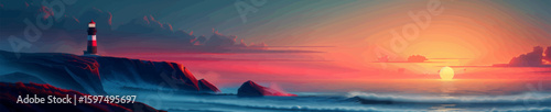 Dramatic digital painting showing a lighthouse on a rocky coastline during a colorful sunset over calm ocean waves.. Generative ai vector illustration. Wide panoramic banner image