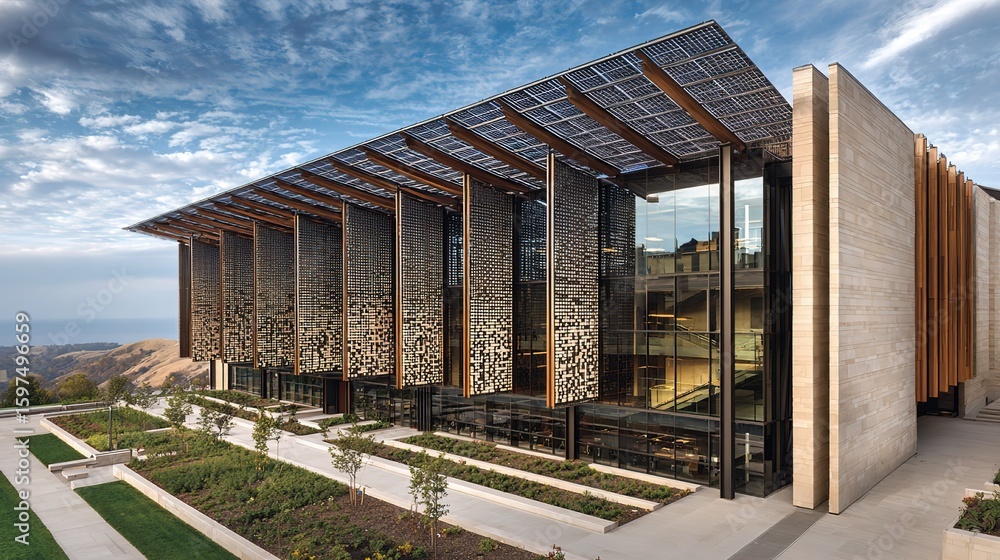 Obraz premium Modern Office Building with Stone - Glass Construction, Solar Panels, and Mountain Backdrop
