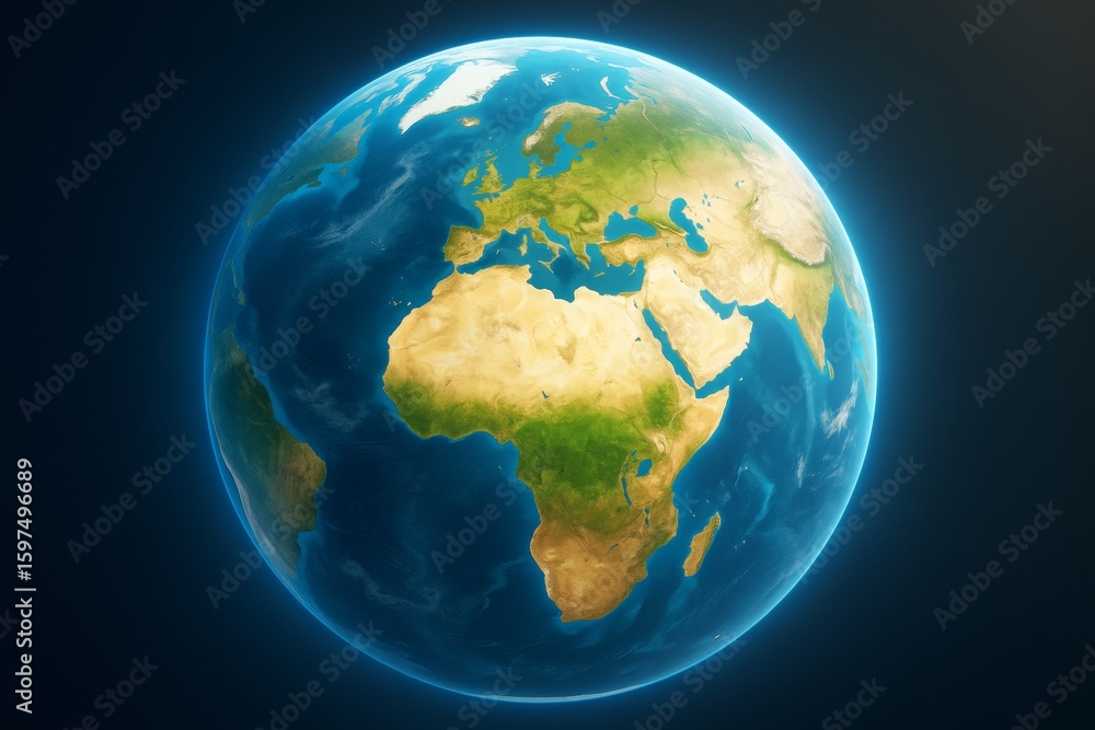 Naklejka premium Earth globe image showing Africa and Europe continents with atmospheric light effect in space on dark background for science and education concept.