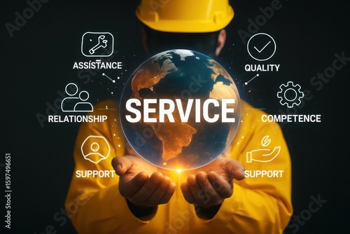 Worker holding globe with service icons representing global business support and quality