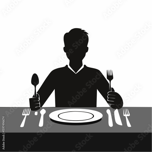 Black and white silhouette vector of a person sitting at a table with plate and fork, flat design for food court or dining area