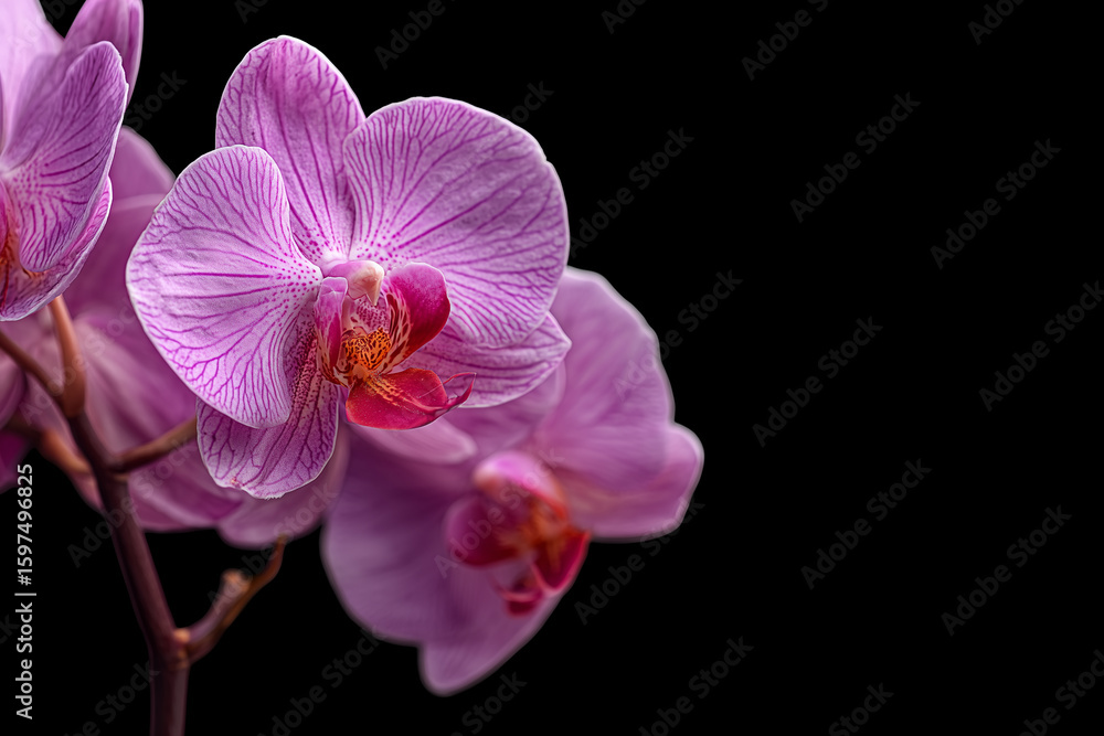 Fototapeta premium Elegant Pink Orchid on Black Background – Exotic Flower Close-Up with Intricate Petal Details