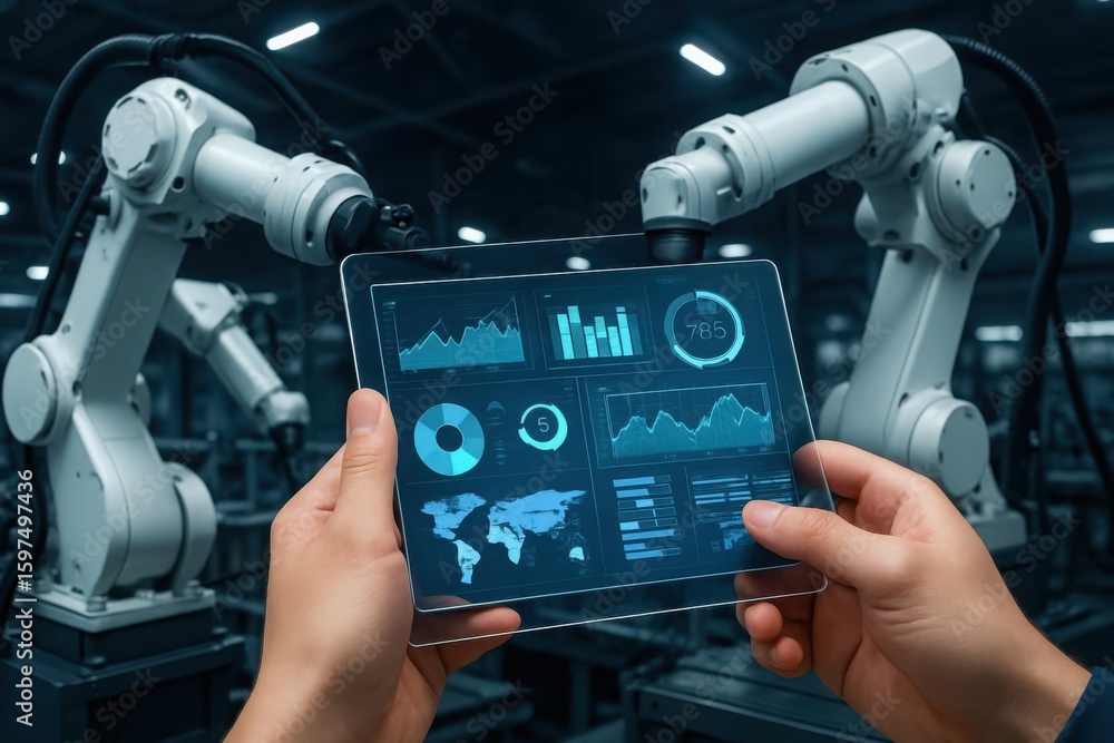 Hands holding a futuristic tablet displaying industrial data with robotic arms in the background Hands holding a futuristic tablet displaying industrial data with robotic arms in the background