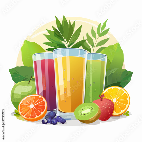 Fresh fruit juices in glasses, surrounded by colorful fruits